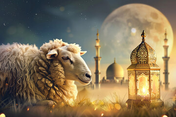 Naklejka premium Sheep with lantern at night in front of mosque, 3d rendering, Ai Generated