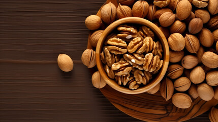 Fototapeta na wymiar Background with walnut nuts, top view of nuts