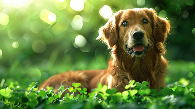 Illustration of a beautiful golden retriever happy in a lawn with green clover and blurred nature behind