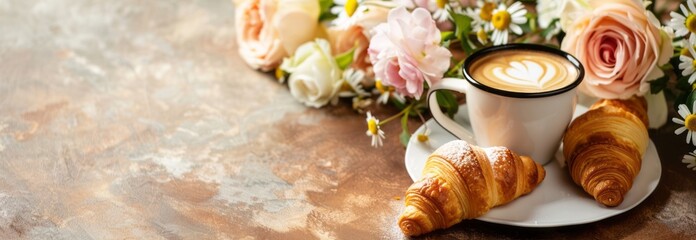 A white cup of coffee on the table next to a crispy croissant, with rose flowers in the background.