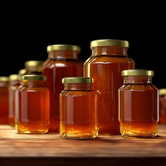 Glass jar full of honey on wooden table