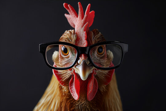 Chicken wearing eyeglasses staring at the camera with dark background