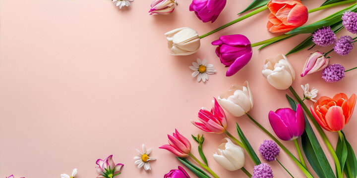 Pink and purple tulips and white daisies on a pink background