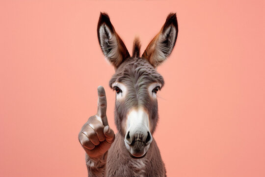 A photo of a donkey in front of a pink background