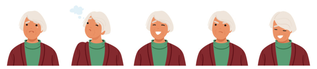 Fototapeta premium Old Woman Facial Emotions Set Ranging From Joy, Serenity, Skepticism And Nostalgia Sorrow To Sadness, Worry