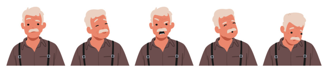 Old Man Face Emotions Set. Senior Grey Haired Male Character Feel Joy with Happy Eyes, Sorrow, Wisdom, Smile, Anger