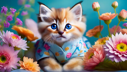 kitty and flowers, a cute baby cat wearing cloth, background is flower, wallpaper and wall art