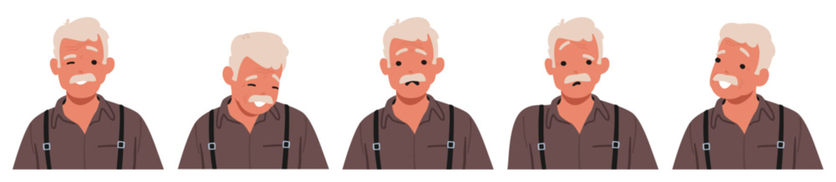 Old Mustached Man Face Emotions. Wrinkled Senior Male Character Wink Eye, Feels Joy, Shy, Confusion or Sadness