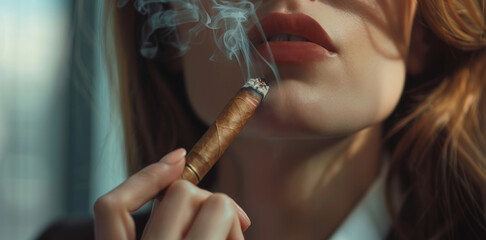 Nahaufnahme einer selbstbewussten Geschäftsfrau im Anzug, die eine rauchende Zigarre, zwischen den Fingern vor Ihrem Gesicht hält. - obrazy, fototapety, plakaty