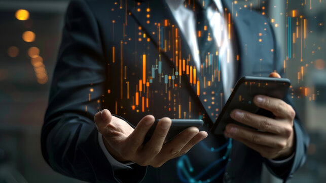 Digitale Finanzmeister: Geschäftsmann im Anzug mit Trading-Charts-Hologrammen aus seinen zwei Smartphones.