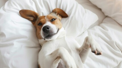 Relaxed dog lounging in bed. A content dog lying enjoying a lazy day on a plush bed. Concept of pets friendly hotel or home bedroom. Pet in hotel room