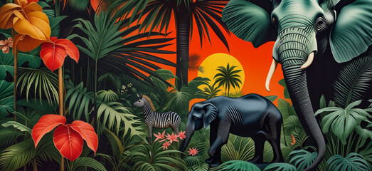Jungle, tropical illustration. elephant animal nature mammal jungle. Safari wild African animals. Amazon forest on wallpaper for kids room, interior design. mural art