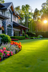 Perfect manicured lawn and flowerbed with shrubs in sunshine, on a backdrop of residential house backyard.
