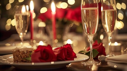 Romantic dinner with glass of wine and sweet cake dish. Background concept