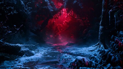 Midnight snow forest. Midnight background. Dark background. Generative AI.