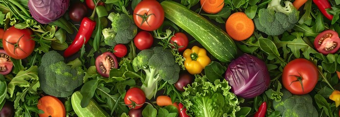 Colorful fresh vegetables, tomato, cabbage, broccoli, cucumber, pepper, cabbage, carrot. Colorful Nutrients. Top down picture 