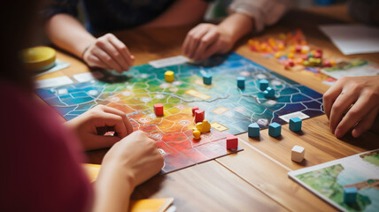 family playing a board game, close-up, playing field, chips, rules, hands, company, friends, children, parents, fun, logical, strategic, table, house, room, cubes