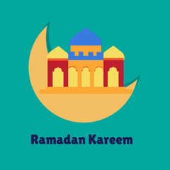 Ramadan Kareem Greetings. Flat design of a moon and a mosque. Vector illustration. Used for greeting card, banner or poster.