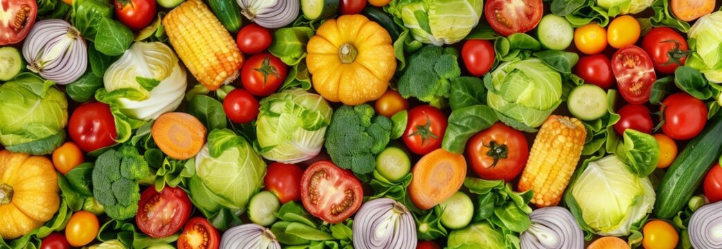 Colorful fresh vegetables, tomato, cabbage, corn broccoli, cucumber, pepper, cabbage, carrot. Colorful Nutrients. Top down picture 