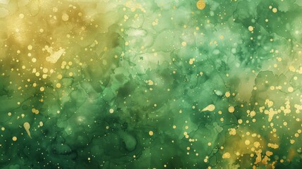 Abstract watercolor, splashes of green and gold, texture for St. Patrick's Day background. Card with copy space. Banner.