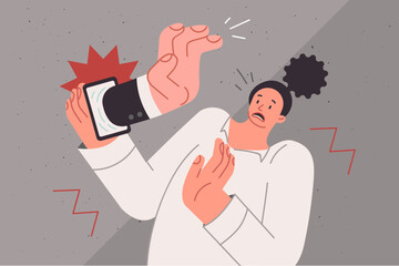 Telephone operator hand protrudes from smartphone, scaring girl who was about to answer call © Valery