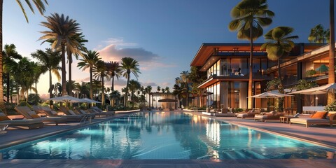 Resort with swimming pool in the night on Miami Beach