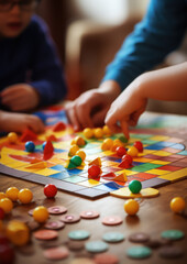 family playing a board game, close-up, playing field, chips, rules, hands, company, friends, children, parents, fun, logical, strategic, table, house, room, cubes