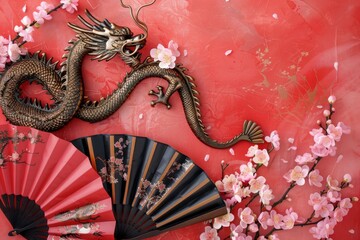 China s New Year 2024 Dragon Art Fans Sakura on Red Background