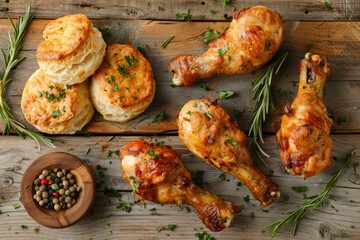 Chicken drumsticks and biscuits on a wooden table