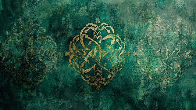 Watercolor artwork, Celtic knots and patterns on a dark green backdrop, elegant St. Patrick's Day background. Card. Banner.