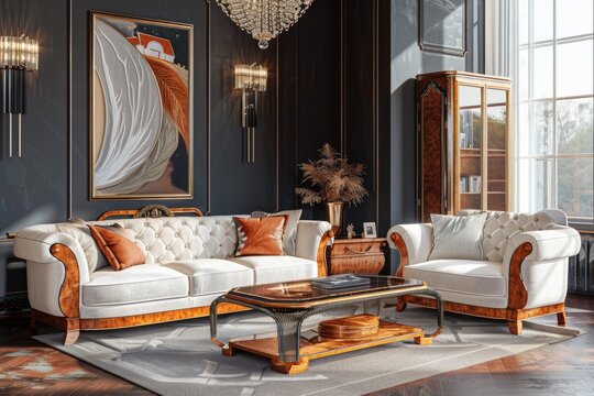 Art deco luxury living room with dark gray walls white sofa armchair and wooden coffee table with glass top Rendered in 3D