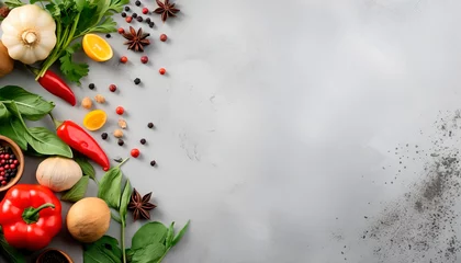 Foto op Canvas red hot chili pepper, spices, basil leaves, lettuce, parsley, dell flat lay on light grey background banner copy space vegetables ingredients coocing vegetarian farming fresh healthy meal © lidianureeva