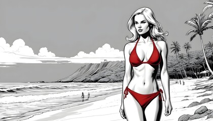 Black and white comic scene of a blond model girl on a beach wearing a red bikini, monochrome, only the bikini is colorful