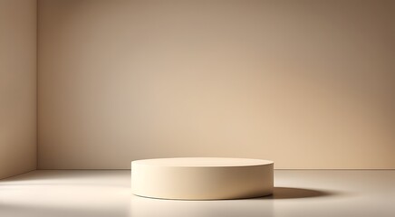 Minimalist beige cylindrical podium with soft shadowing in a neutral tone setting.