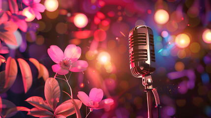 Fototapeta na wymiar vintage microphone on pink background