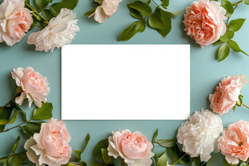 blank invitation card mock up template with floral elements with gardenias, pink roses, with modern and romantic aesthetics.