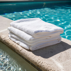 stack of clean white towels next to the pool of a hotel with towel and laundry service for customer service