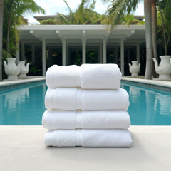 stack of clean white towels next to the pool of a hotel with towel and laundry service for customer service
