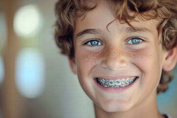Portrait of a smiling 10 year old blond boy looking at camera in braces. - obrazy, fototapety, plakaty