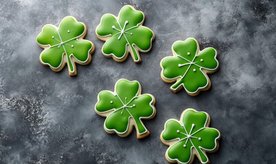 Delicious St Patrick's day cookies with clover shapes hand decorated with green icing and white details, flat lay, top view - obrazy, fototapety, plakaty