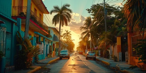 Picturesque street in Dominican Republic at sunset - obrazy, fototapety, plakaty