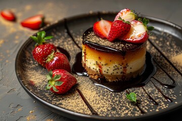 Fototapeta premium Burnt cheesecake from San Sebastian adorned with strawberries