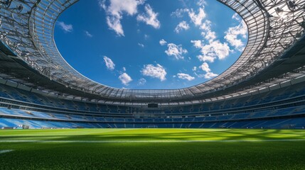 Majestic Stadium Architecture - Open Sky Football Arena - Lush Green Pitch - Sports Venue Beauty - Generative AI