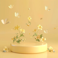 3d scene empty podium with flying flowers, realistic details, pastel colors, marketing concept, product