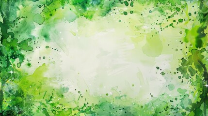 Watercolor painting, St. Patrick's Day celebration, abstract green background with a central void for copy, splashes and droplets around the edges, vibrant green palette. Card. Banner
