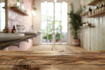 Blurred bathroom backdrop for showcasing products on a wooden table top