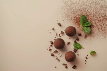 Close up view of chocolate truffles on beige backdrop with mint leaf Dark cocoa dusted homemade dessert gourmet sweet candy recipe