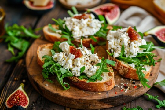 Cheese sandwiches with fig jam rucola on wood plate