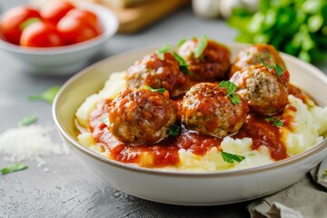 Beef meatballs in tomato sauce served with mashed potatoes on a white table - obrazy, fototapety, plakaty