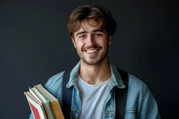 Fotobehang Closeup of a cheerful prepared man holding books ready to ace his exam with a positive expression on his face isolated on a dark background © The Big L